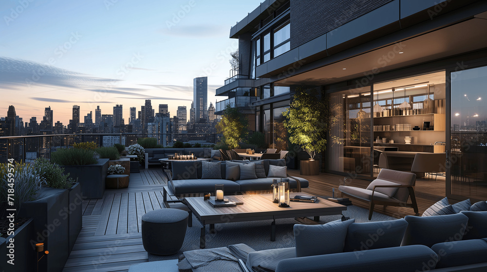 Luxurious Rooftop Terrace at Dusk with City Skyline View
