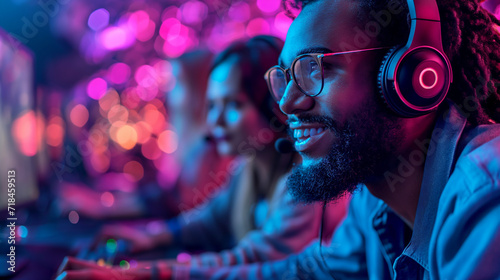 Fotografia Happy young black man and friends engaged playing e-sport game in multiplayer mode, wearing headsets in avibrant gaming environment