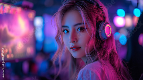 A radiant female gamer with a captivating smile wearing a gaming headset in a colorful, neon-lit gaming environment.