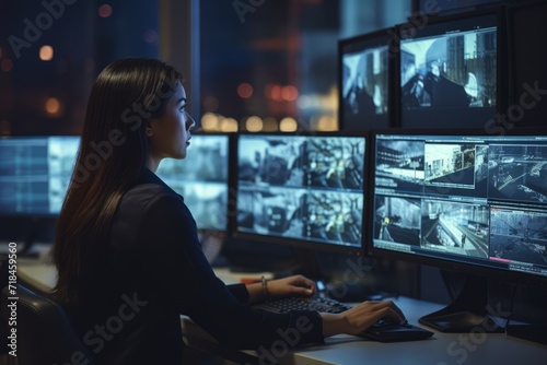 A dedicated female security camera operator vigilantly monitoring multiple screens in a high-tech surveillance room, embodying strength and focus