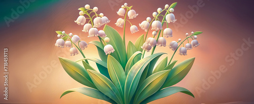 Lily of the valley. Pink gradient spring background. White spring, lily of the valley 3D object. Spring, nature concept. Suitable for posters, wallpapers, greeting cards. Generative AI.
