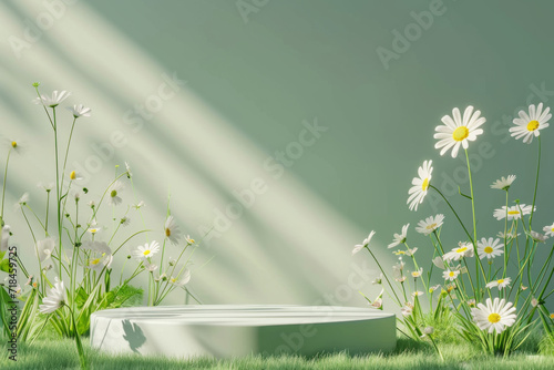 3D podium display. Green background with flower green grass and sun shadow.