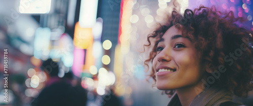 Ritratto di una giovane sorridente ragazza afro americana in una città piena di luci di notte photo