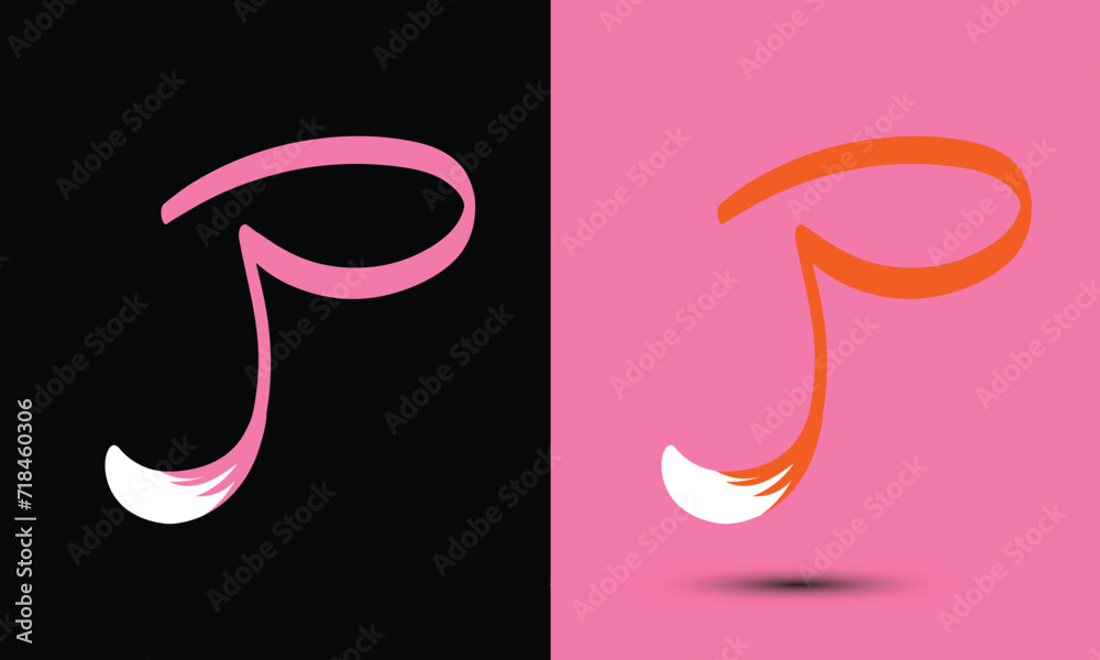 Initial letter P combine with fox tail BLACK and PINK Initial letter P combine with fox tail BLACK and PINK
