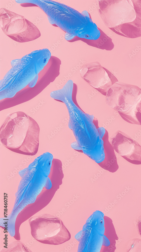 flat lay design with fish and ice on a pink bright pastel background, bold minimalism