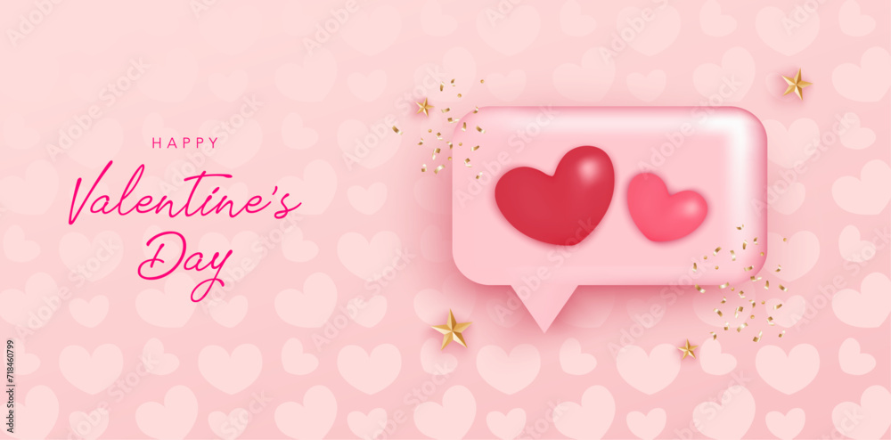 Happy Valentine's Day banner template with message box, red and pink hearts, confetti, stars and calligraphic lettering. Vector illustration for background, poster, template, sale, promo, discount.