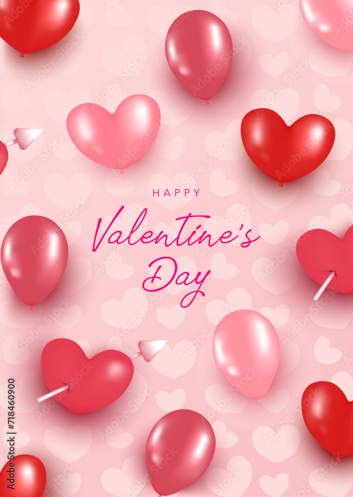 Valentine's Day poster template with pink and red balloons, heart arrow and pink heart background. 3d realistic vector illustration romantic banner, web poster. Social media, website, sale, discount