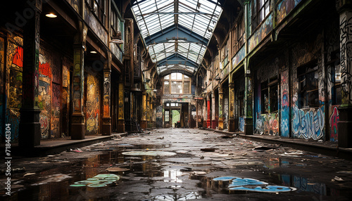 The old, dirty warehouse in the city is abandoned and ruined generated by AI