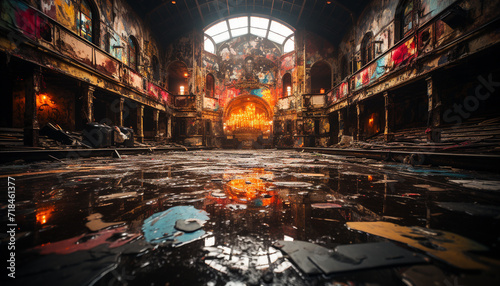 Ancient cathedral reflects vibrant spirituality in dirty, illuminated cityscape generated by AI