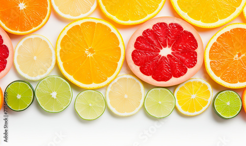 Citrus fruit slices isolated on white background. Flat lay, top view.