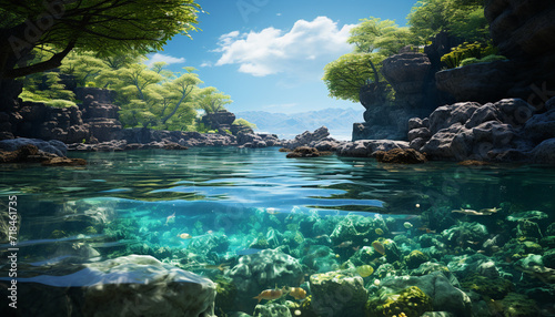 Underwater reef, fish swim in blue water, nature beauty generated by AI