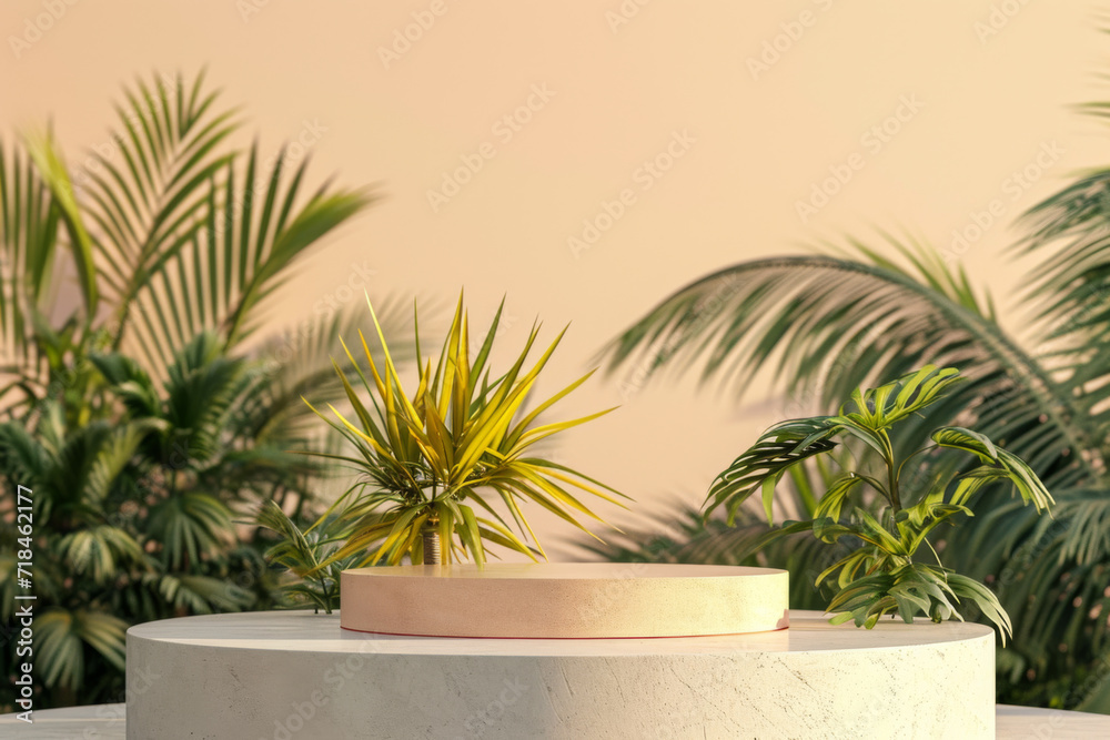Fototapeta premium Table top podium stage stand on tropical palm tree background for product placement 3d render
