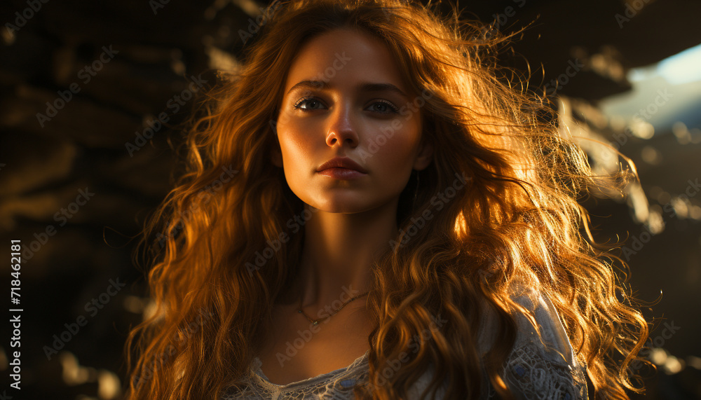Young adult woman with long brown hair, looking at camera generated by AI Young adult woman with long brown hair, looking at camera generated by AI