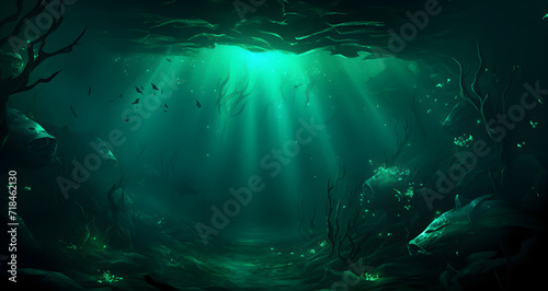 an underwater scene has the sunbeams in the dark