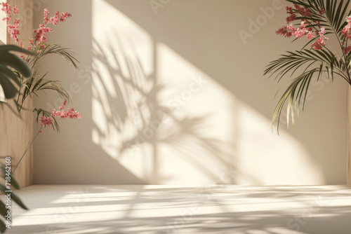 Table top podium stage stand on tropical palm tree background for product placement 3d render © imlane