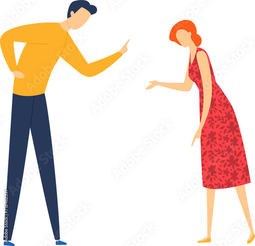 Man and woman arguing or debating, both pointing fingers, showing disagreement or conflict. Cartoon characters in a dispute, wearing casual clothes vector illustration.