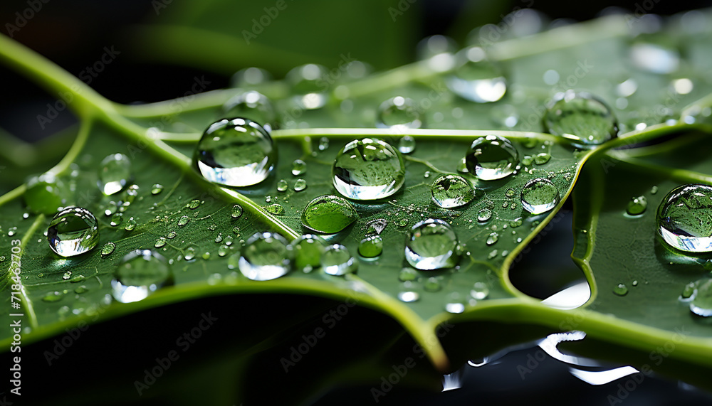 Fresh green leaf with dew drop, reflecting nature beauty generated by AI