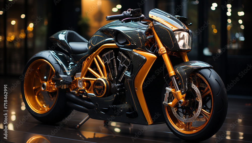 Motorcycle speeding through the night, chrome shining, engine roaring, headlight illuminating generated by AI Motorcycle speeding through the night, chrome shining, engine roaring, headlight illuminating generated by AI