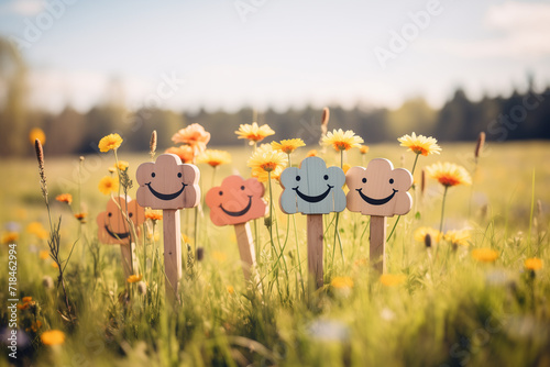 Colorful smileys in a spring field of flowers