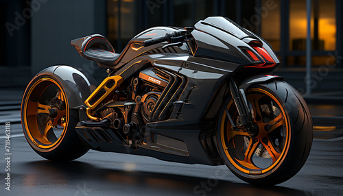 Speeding motorcycle races through the city, chrome shining in the night generated by AI