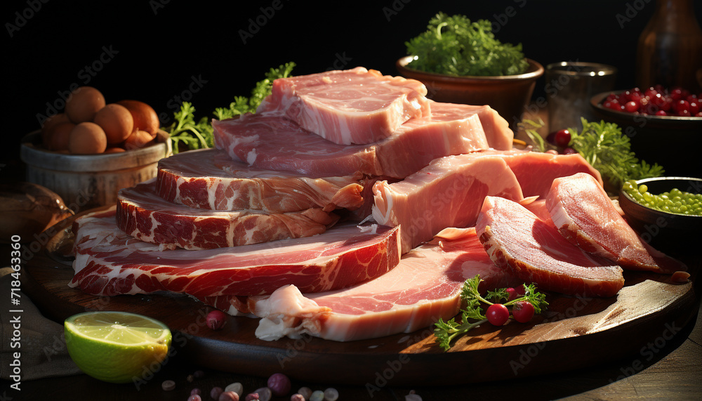 Freshness and gourmet on a rustic wooden table, sliced pork generative AI