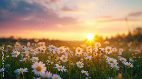 Tranquil sunset over a field of wild daisies with a beautiful sky photo