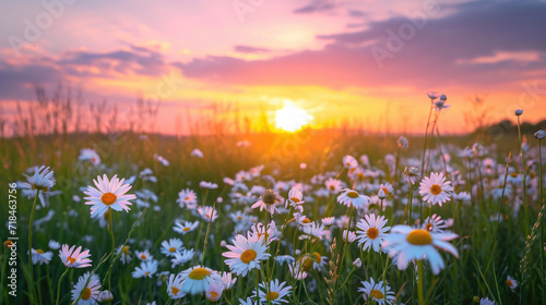 Tranquil sunset over a field of wild daisies with a beautiful sky © boxstock production