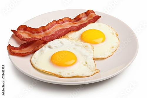 Classic Fried Eggs and Bacon Breakfast, Served on a Coordinated Yellow Plate, Isolated Background, Generative AI