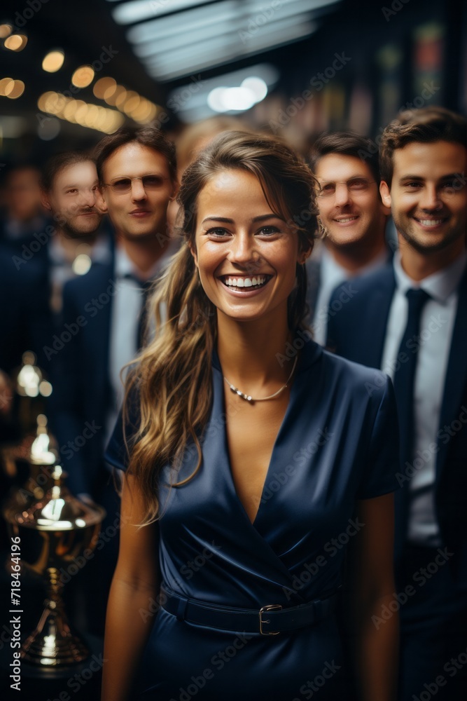 Obraz premium Company awards ceremony with winners holding trophies and smiling, Generative AI