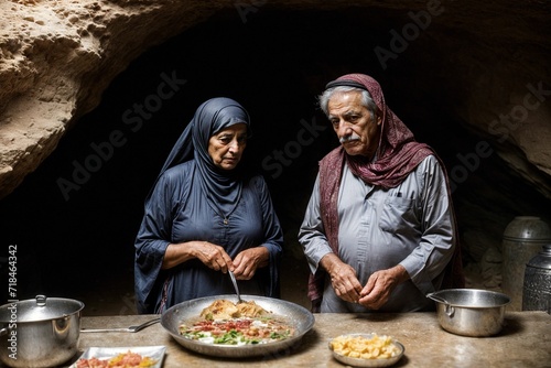 everyday life for a Middle Eastern elderly couple  showcasing them engaged in routine activities within the unique setting of a cave  providing a glimpse into their daily experiences and moments.