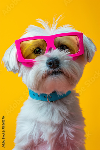  portrait of Maltese dog, wearing neon glasses. bright pastel background, bold minimalism © Michael