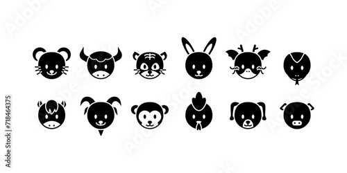 Set of Animals Head Glyph Icon. Chinese Zodiac Vector Illustration.