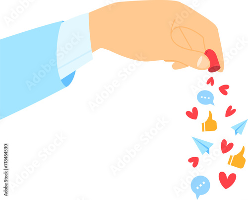 Hand dropping heart and message icons, symbolizing social media engagement, likes and communication vector illustration. Social media interaction, digital marketing.