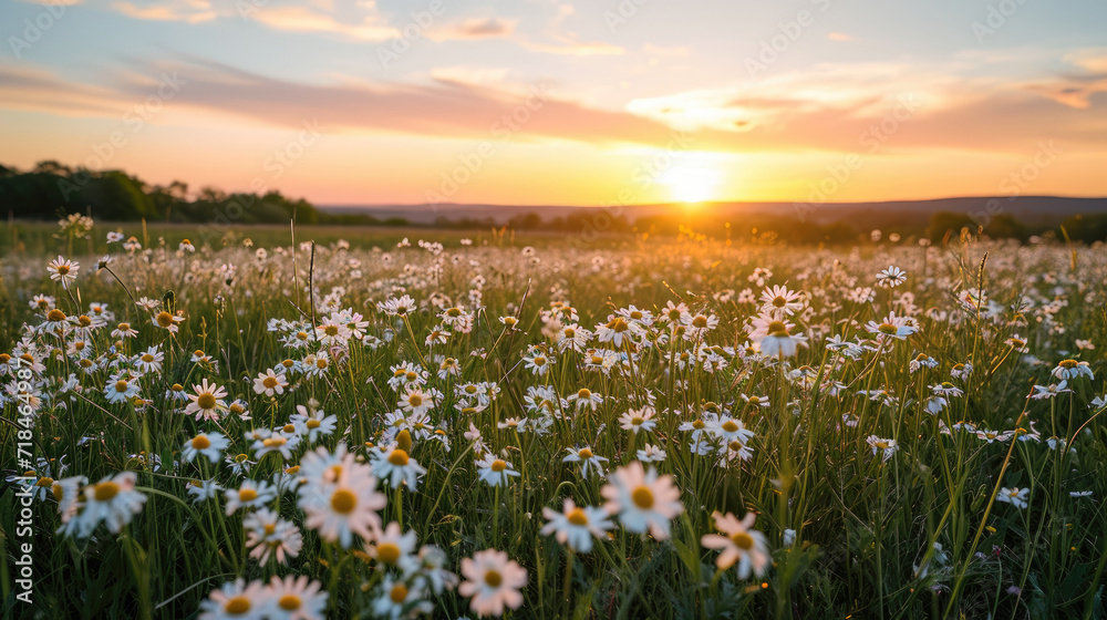 Tranquil sunset over a field of wild daisies with a beautiful sky Tranquil sunset over a field of wild daisies with a beautiful sky