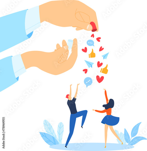 Two people celebrating with giant hands dropping likes and messages above. Social media success and online interaction happiness vector illustration.