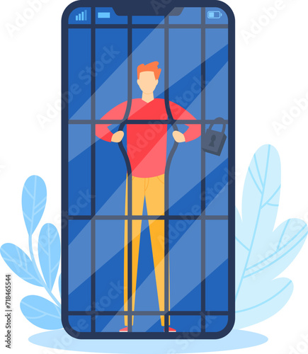 Man locked inside smartphone screen, digital addiction concept. Male character trapped in technology. Digital freedom and internet control vector illustration.