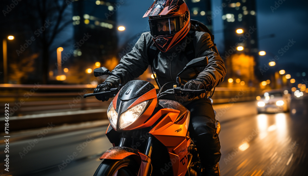 Men riding motorcycles at night, blurred motion, city life, transportation generated by AI