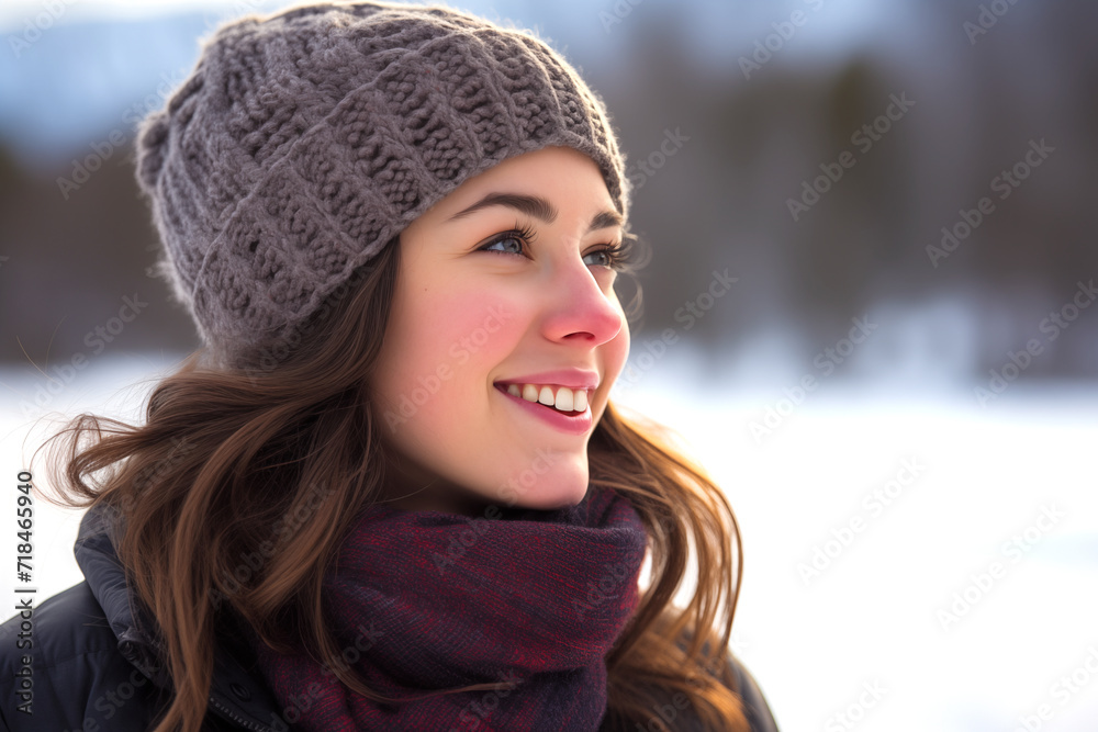 Attractive young woman outdoors in winter wearing tuque and scarf. Attractive young woman outdoors in winter wearing tuque and scarf.