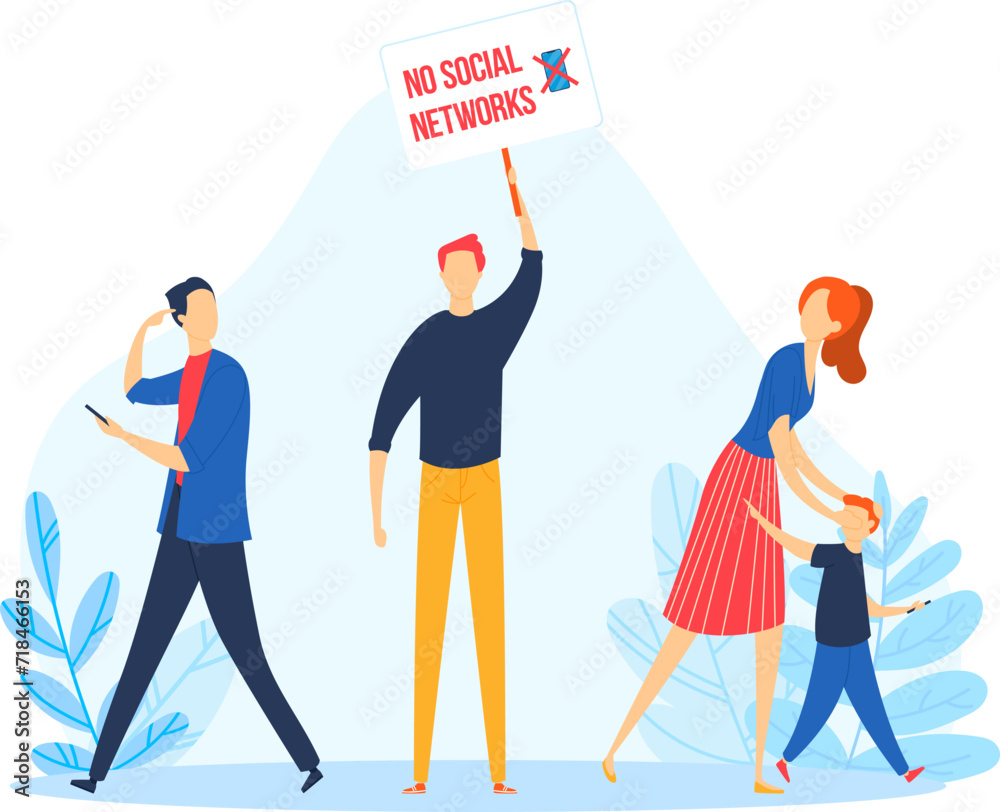 Three people walk, one holds a 'No Social Networks' sign. They ignore phones for real-life interaction. Digital detox, social media break, real communication vector illustration. Three people walk, one holds a 'No Social Networks' sign. They ignore phones for real-life interaction. Digital detox, social media break, real communication vector illustration.