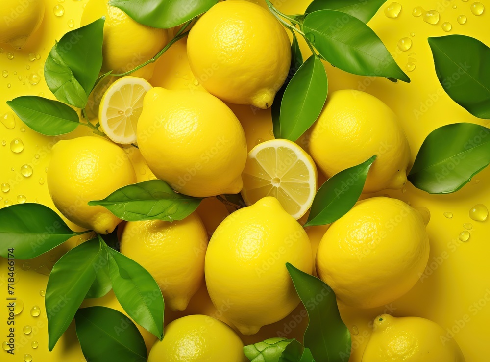Pile of yellow lemons in photo on yellow Background. generative AI