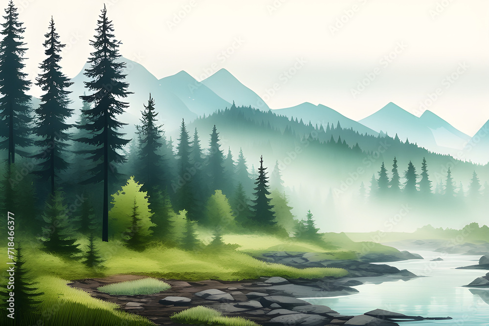 Watercolour in landscape: mountain scenery in the woods in fog, isolated watercolour illustrations generative ai
