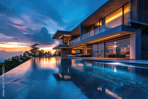a luxurious house with a large pool at sunset © Kien