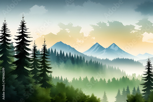 Watercolour in landscape  mountain scenery in the woods in fog  isolated watercolour illustrations generative ai 