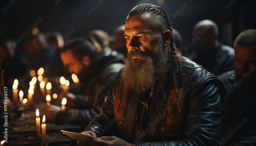 A bearded man prays, holding a candle, surrounded by spirituality generated by AI