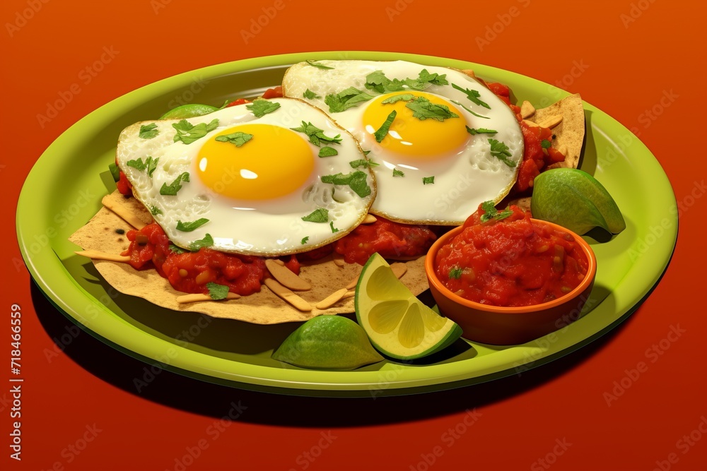 Mexican Style Huevos Rancheros with Fried Eggs, Salsa, and Guacamole, Plated on Yellow Dish, Generative AI Mexican Style Huevos Rancheros with Fried Eggs, Salsa, and Guacamole, Plated on Yellow Dish, Generative AI