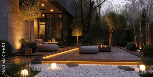 a modern outdoor space with lighting and decking photo