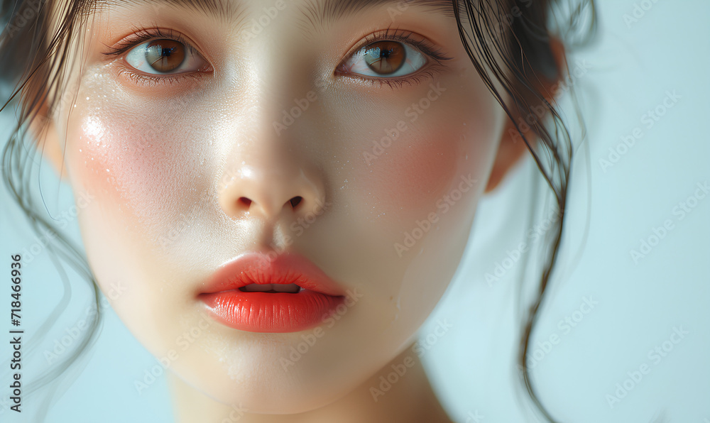 close-up of a beautiful young Asian contours of her face, Model perfect for lip, cosmetic, and skincare advertising red lip make up, perfect skin close-up of a beautiful young Asian contours of her face, Model perfect for lip, cosmetic, and skincare advertising red lip make up, perfect skin
