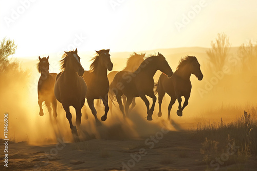 Fototapeta Herd of horses galloping on the field.
