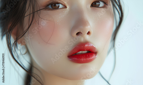 close-up of a beautiful young Asian contours of her face, Model perfect for lip, cosmetic, and skincare advertising red lip make up, perfect skin 