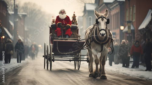 Side photo of Santa in his sleigh pulled by a horse for a small town © Michael
